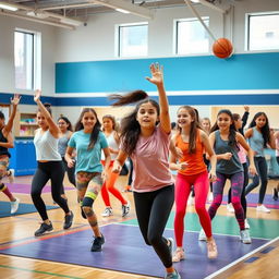 A gym class in a modern middle school setting, featuring a diverse group of 8th-grade girls engaging in physical activities