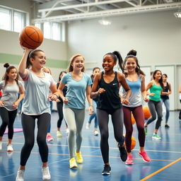 A gym class in a modern middle school setting, featuring a diverse group of 8th-grade girls engaging in physical activities