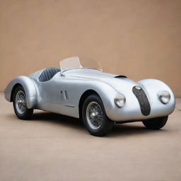 A 1940s Le Mans racing car, exuding a vintage charm. The car reflects wartime austerity with its basic, functional design. It features an elongated, bare metal body, large rounded wheel arches, modestly sized tires, and a roaring gasoline engine under the hood