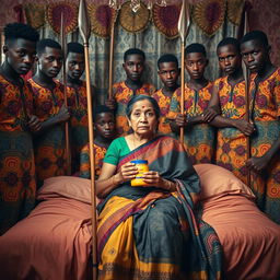 In a captivating scene, ten young African males in colorful traditional attire surround a scared and worried older Indian female, who is sitting on a large bed