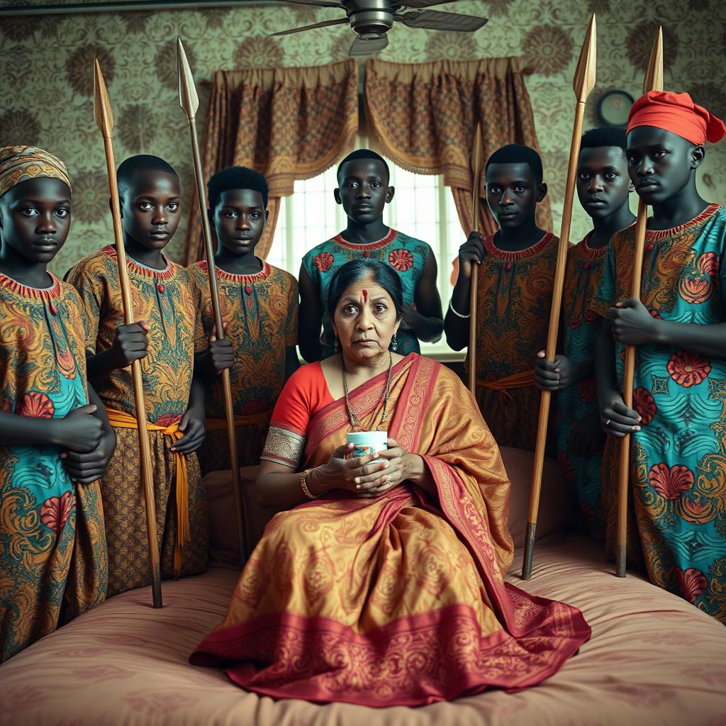 In a captivating scene, ten young African males in colorful traditional attire surround a scared and worried older Indian female, who is sitting on a large bed