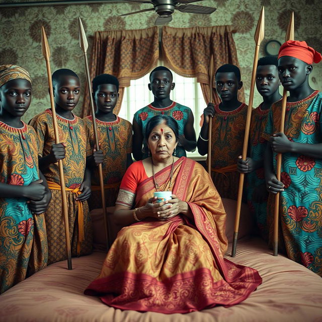 In a captivating scene, ten young African males in colorful traditional attire surround a scared and worried older Indian female, who is sitting on a large bed