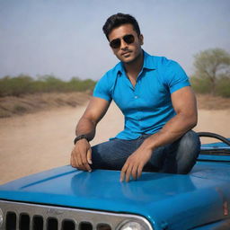 Under a darkened setting, the fair-skinned, muscular Indian man with handsome features, sporting stylish hair, wearing a blue shirt and cool sunglasses, confidently sits on the hood of a jeep.