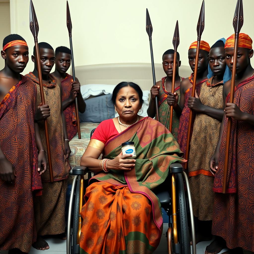 In a poignant scene, ten young African males in vibrant traditional attire surround a scared and worried older Indian female in a saree who is seated in a wheelchair