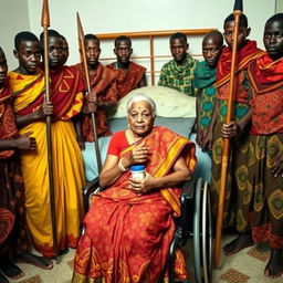 In a poignant scene, ten young African males in vibrant traditional attire surround a scared and worried older Indian female in a saree who is seated in a wheelchair