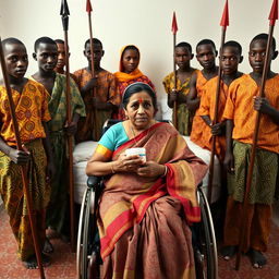 In a poignant scene, ten young African males in vibrant traditional attire surround a scared and worried older Indian female in a saree who is seated in a wheelchair