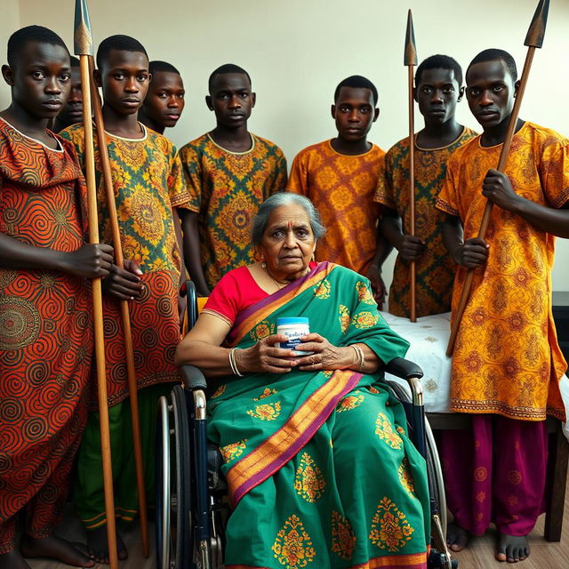 In a poignant scene, ten young African males in vibrant traditional attire surround a scared and worried older Indian female in a saree who is seated in a wheelchair