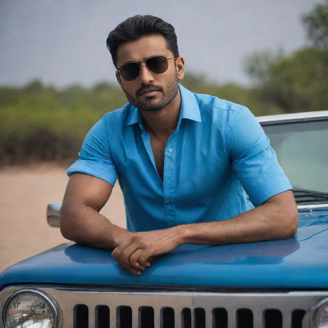 Under a darkened setting, the fair-skinned, muscular Indian man with handsome features, sporting stylish hair, wearing a blue shirt and cool sunglasses, confidently sits on the hood of a jeep.