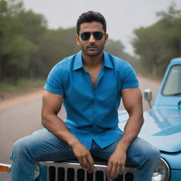 Under a darkened setting, the fair-skinned, muscular Indian man with handsome features, sporting stylish hair, wearing a blue shirt and cool sunglasses, confidently sits on the hood of a jeep.