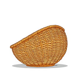 An illustration of a low basket viewed from the side, showcasing a large and well-defined weaving pattern
