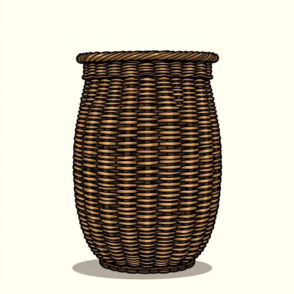 An illustration of a low basket viewed from the side, showcasing a large and well-defined weaving pattern