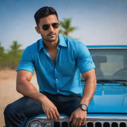 Under a darkened setting, the fair-skinned, muscular Indian man with handsome features, sporting stylish hair, wearing a blue shirt and cool sunglasses, confidently sits on the hood of a jeep.