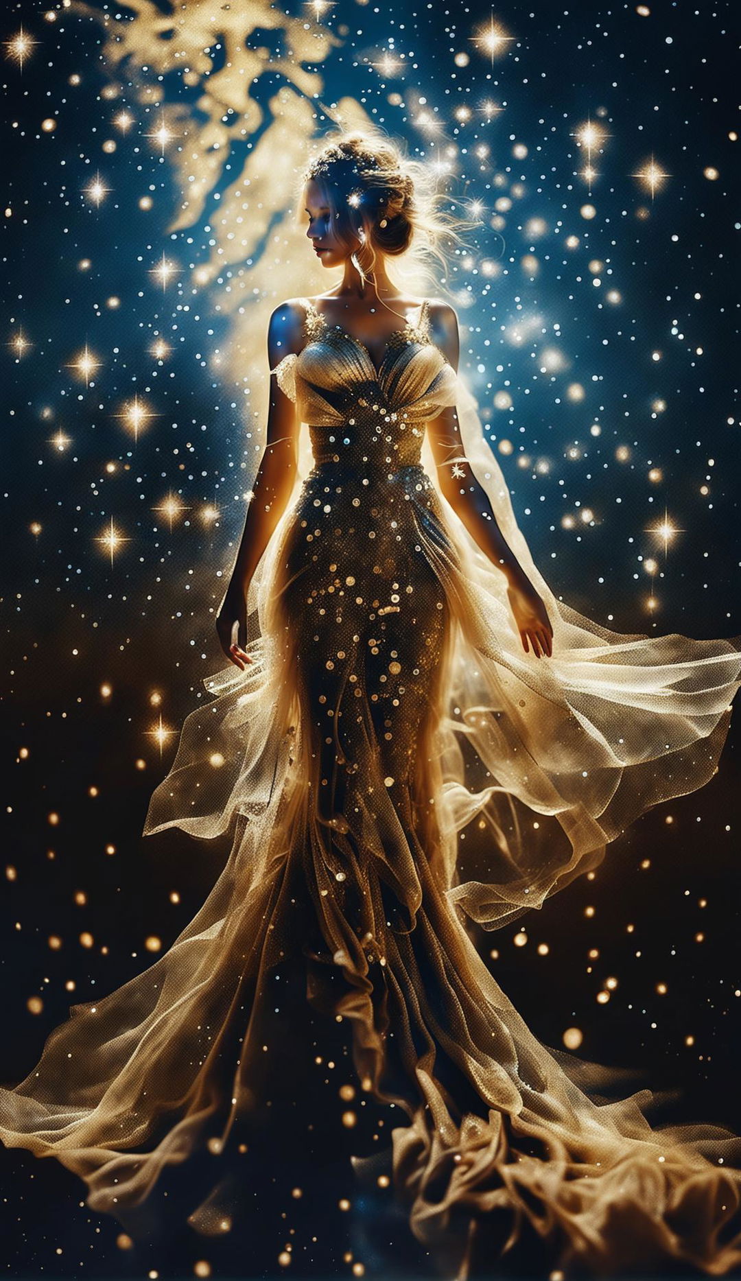 Double exposure. A beautiful godess made entirely of good shimmering stardust walks across the milkyway, long shot distance view, long gown made of stardust and gold embroidery, constellations, 36k, intricate detail, war unfiltered image, intricately detailed everything