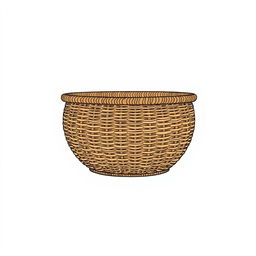 An illustration of a low basket viewed from the side, featuring a large and well-defined weaving pattern
