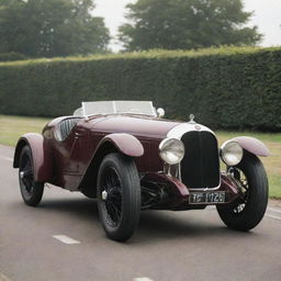 A 1930s Le Mans racing car, showcasing the elegance of early motor racing. The car boasts a long, curved body, spoked wheels, narrow cockpit, large headlights, and a polished, shiny paintwork in typical colors of the era