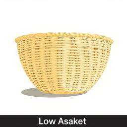 An illustration of a low basket viewed from the side, featuring a large and well-defined weaving pattern
