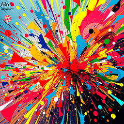 A vibrant and chaotic scene showcasing a colorful explosion of energy and abstract forms