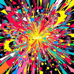 A vibrant and chaotic scene showcasing a colorful explosion of energy and abstract forms