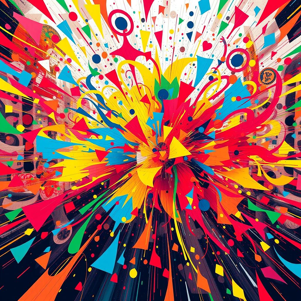 A vibrant and chaotic scene showcasing a colorful explosion of energy and abstract forms