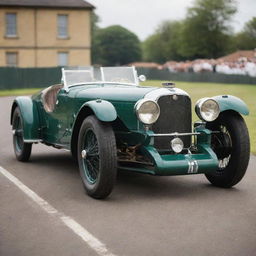 A 1930s Le Mans racing car, showcasing the elegance of early motor racing. The car boasts a long, curved body, spoked wheels, narrow cockpit, large headlights, and a polished, shiny paintwork in typical colors of the era