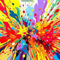 A vibrant and chaotic scene showcasing a colorful explosion of energy and abstract forms