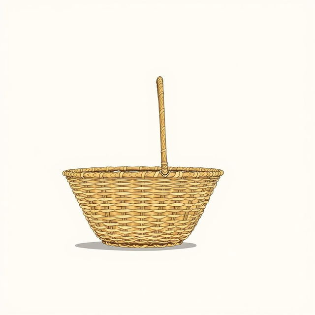 An illustration of a slim, low basket viewed from the side, showcasing a well-defined weaving pattern