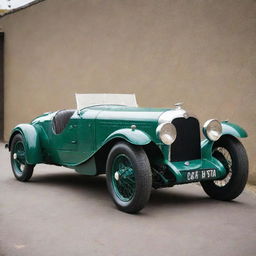 A 1930s Le Mans racing car, showcasing the elegance of early motor racing. The car boasts a long, curved body, spoked wheels, narrow cockpit, large headlights, and a polished, shiny paintwork in typical colors of the era