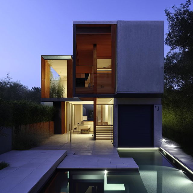 A minimalist two-story house with a car garage, a small park and a swimming pool.