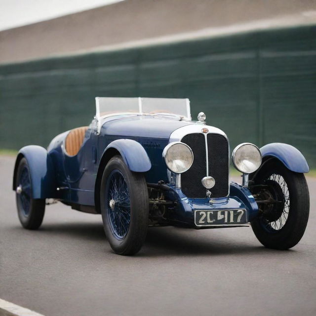 A 1930s Le Mans racing car, showcasing the elegance of early motor racing. The car boasts a long, curved body, spoked wheels, narrow cockpit, large headlights, and a polished, shiny paintwork in typical colors of the era