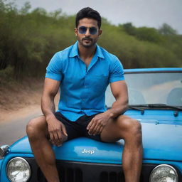 In an almost pitch-black setting, the fair-skinned, muscular Indian man with handsome features, sporting stylish hair, wearing a blue shirt and cool sunglasses, confidently sits on the hood of a jeep.