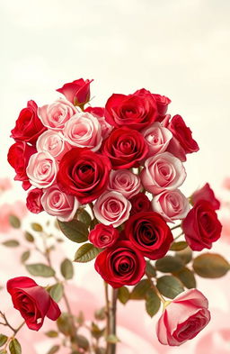 A beautifully crafted heart made out of delicate roses in various shades of red and pink, surrounded by soft delicate leaves