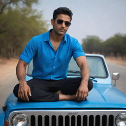 In an almost pitch-black setting, the fair-skinned, muscular Indian man with handsome features, sporting stylish hair, wearing a blue shirt and cool sunglasses, confidently sits on the hood of a jeep.