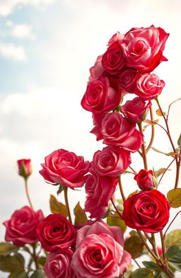 A beautifully crafted heart made out of delicate roses in various shades of red and pink, surrounded by soft delicate leaves
