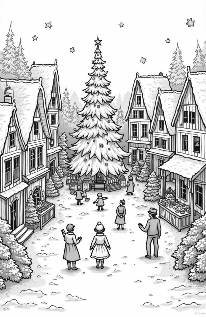 A charming old-time village scene depicting a Christmas festival, perfect for a coloring page