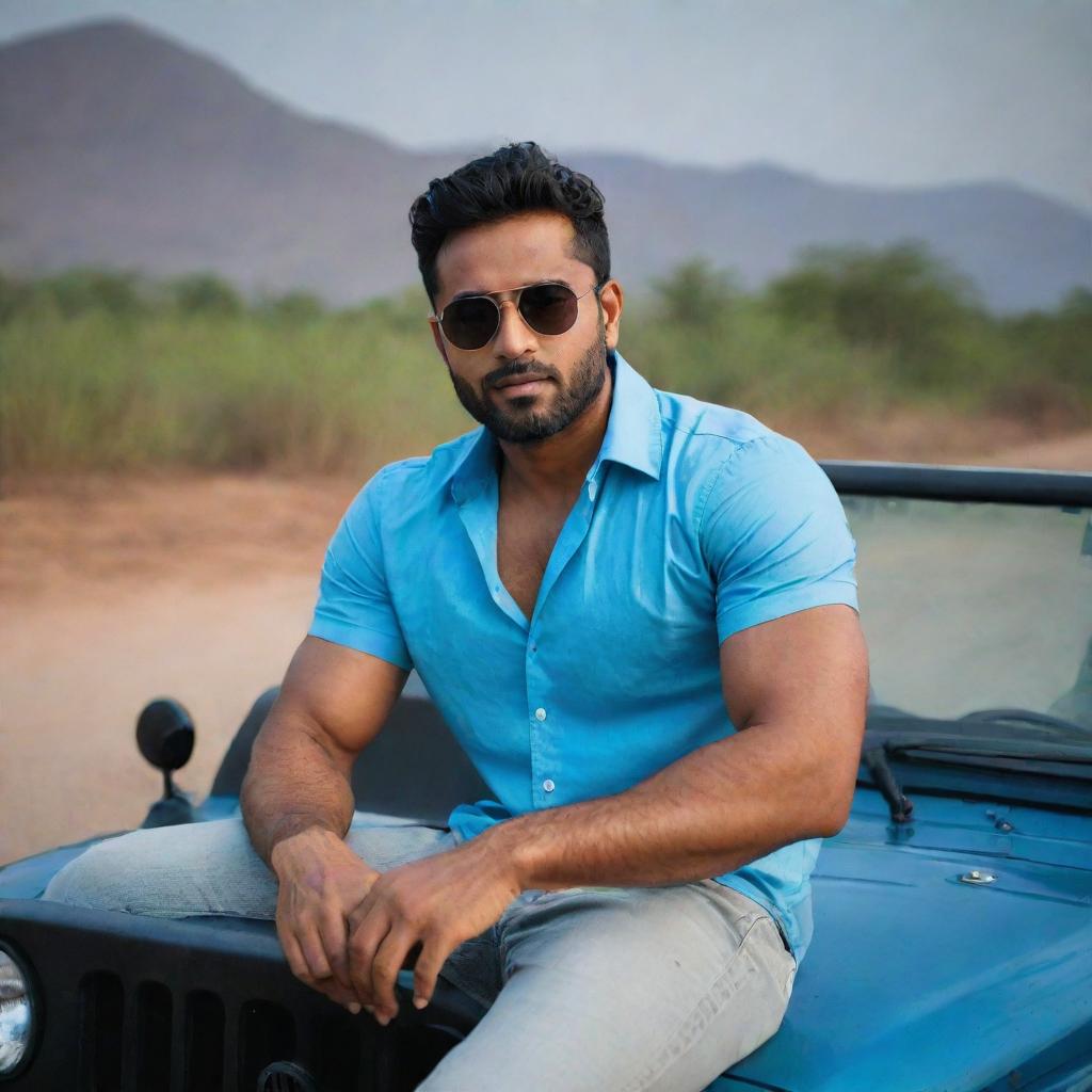 In an almost pitch-black setting, the fair-skinned, muscular Indian man with handsome features, sporting stylish hair, wearing a blue shirt and cool sunglasses, confidently sits on the hood of a jeep.