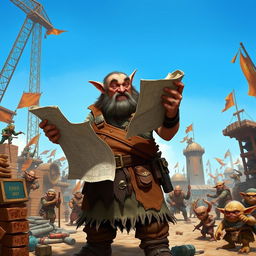 A robust and determined hobgoblin foreman overseeing a busy construction site in a fantasy setting