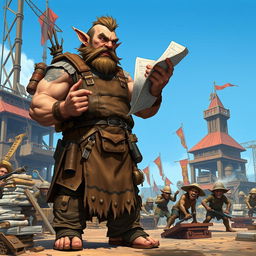 A robust and determined hobgoblin foreman overseeing a busy construction site in a fantasy setting