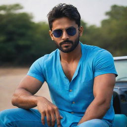 In an almost pitch-black setting, the fair-skinned, muscular Indian man with handsome features, sporting stylish hair, wearing a blue shirt and cool sunglasses, confidently sits on the hood of a jeep.