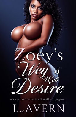 A captivating book cover for 'Zoey's Web of Desire' by Lavern featuring a stunning, curvy woman with an hourglass figure, dark skin tone similar to Carmen's complexion, natural kinky curls, bold brown eyes, and a full neckline