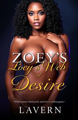 A captivating book cover for 'Zoey's Web of Desire' by Lavern featuring a stunning, curvy woman with an hourglass figure, dark skin tone similar to Carmen's complexion, natural kinky curls, bold brown eyes, and a full neckline