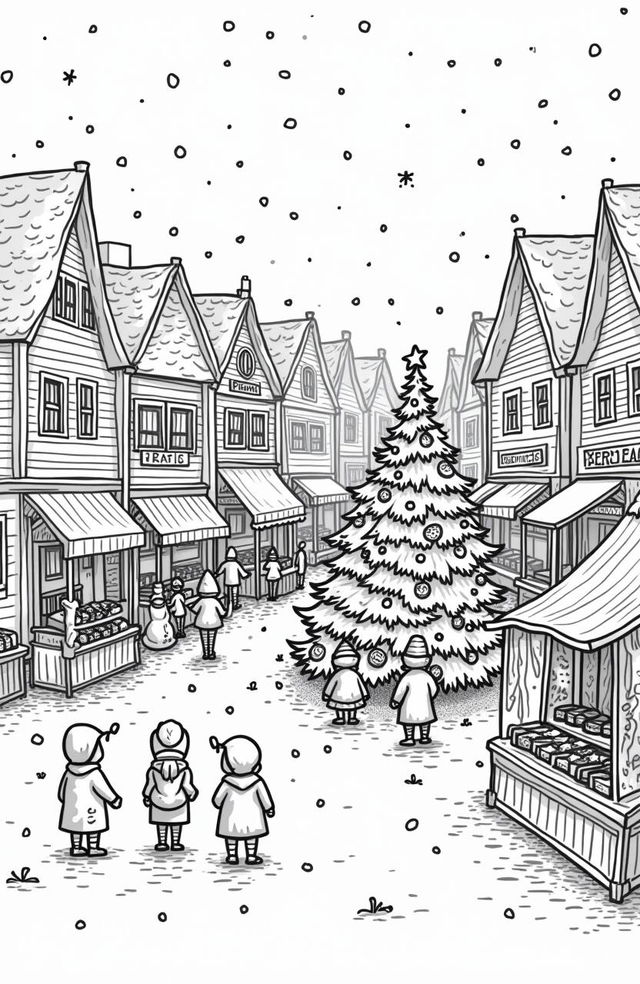 A charming scene depicting a small town Christmas festival, designed as a coloring page