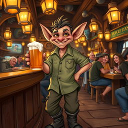 A playful hobgoblin dressed in a casual shirt, standing in a lively tavern filled with patrons