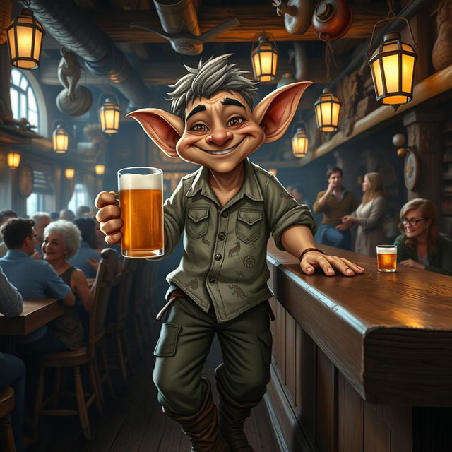 A playful hobgoblin dressed in a casual shirt, standing in a lively tavern filled with patrons