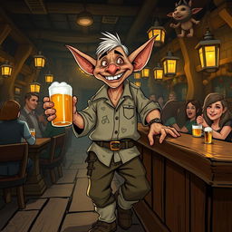 A playful hobgoblin dressed in a casual shirt, standing in a lively tavern filled with patrons