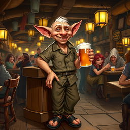 A playful hobgoblin dressed in a casual shirt, standing in a lively tavern filled with patrons