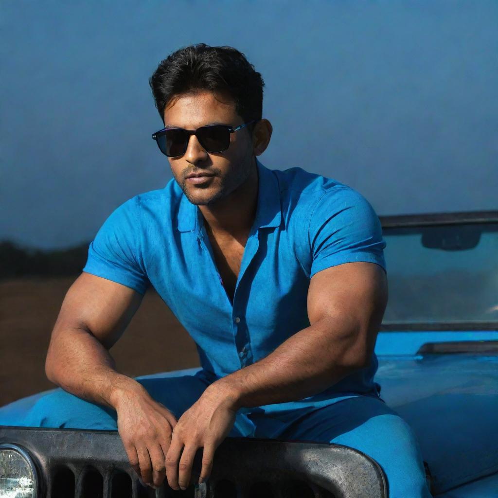 The fair-skinned, muscular Indian man with handsome features, sporting stylish hair, wearing a blue shirt and cool sunglasses, confidently sits on the hood of a jeep, all within a dark room.