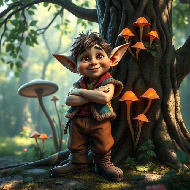 A whimsical hobgoblin character, standing in a lush forest setting