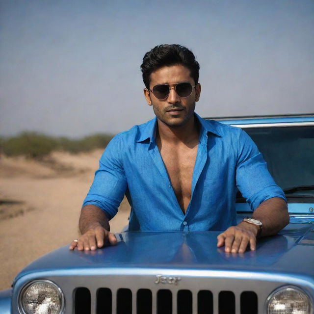 The fair-skinned, muscular Indian man with handsome features, sporting stylish hair, wearing a blue shirt and cool sunglasses, confidently sits on the hood of a jeep, all within a dark room.