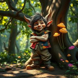 A whimsical hobgoblin character, standing in a lush forest setting