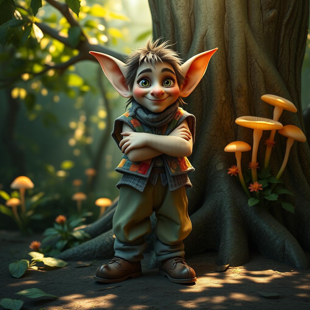 A whimsical hobgoblin character, standing in a lush forest setting